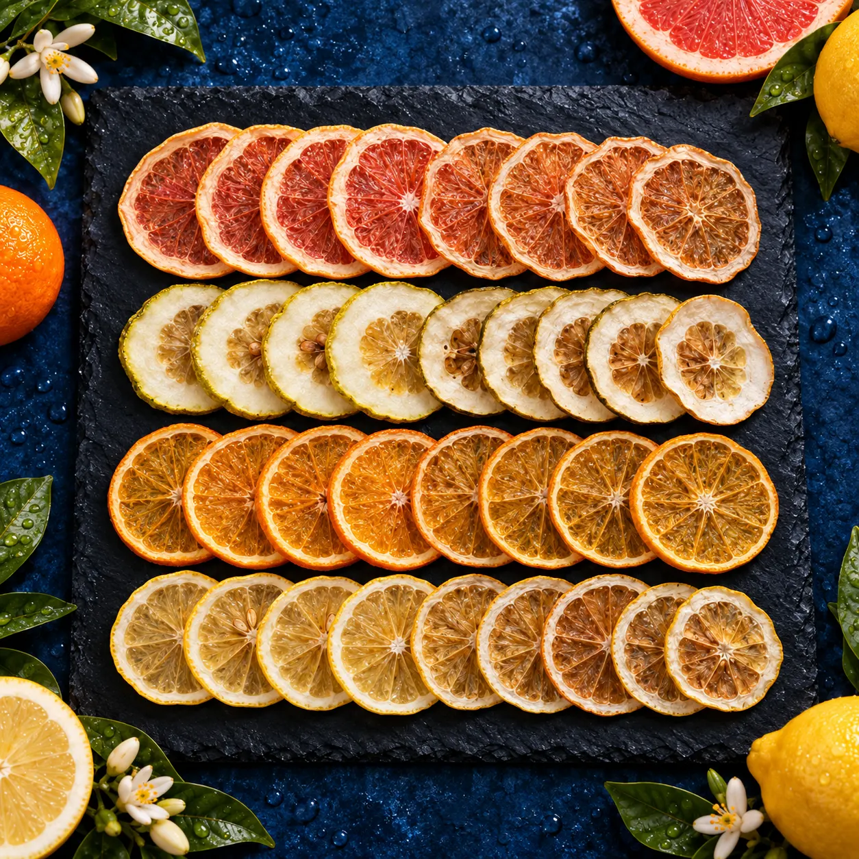 Rondelles de pamplemousse, cédrat, orange et citron de Menton déshydratées