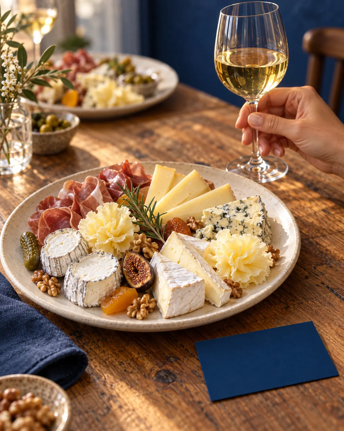 Un verre de vin blanc levé au-dessus d'une assiette de fromages