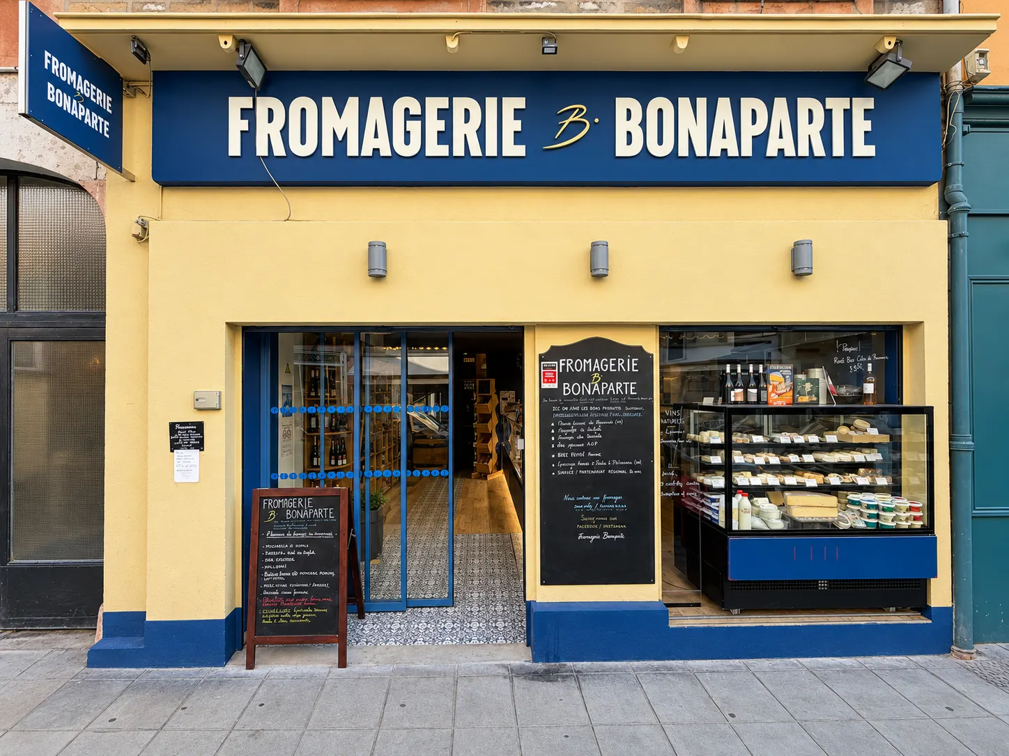 La devanture bleu marine et jaune paille de la Fromagerie Bonaparte, rue Bonaparte à Nice