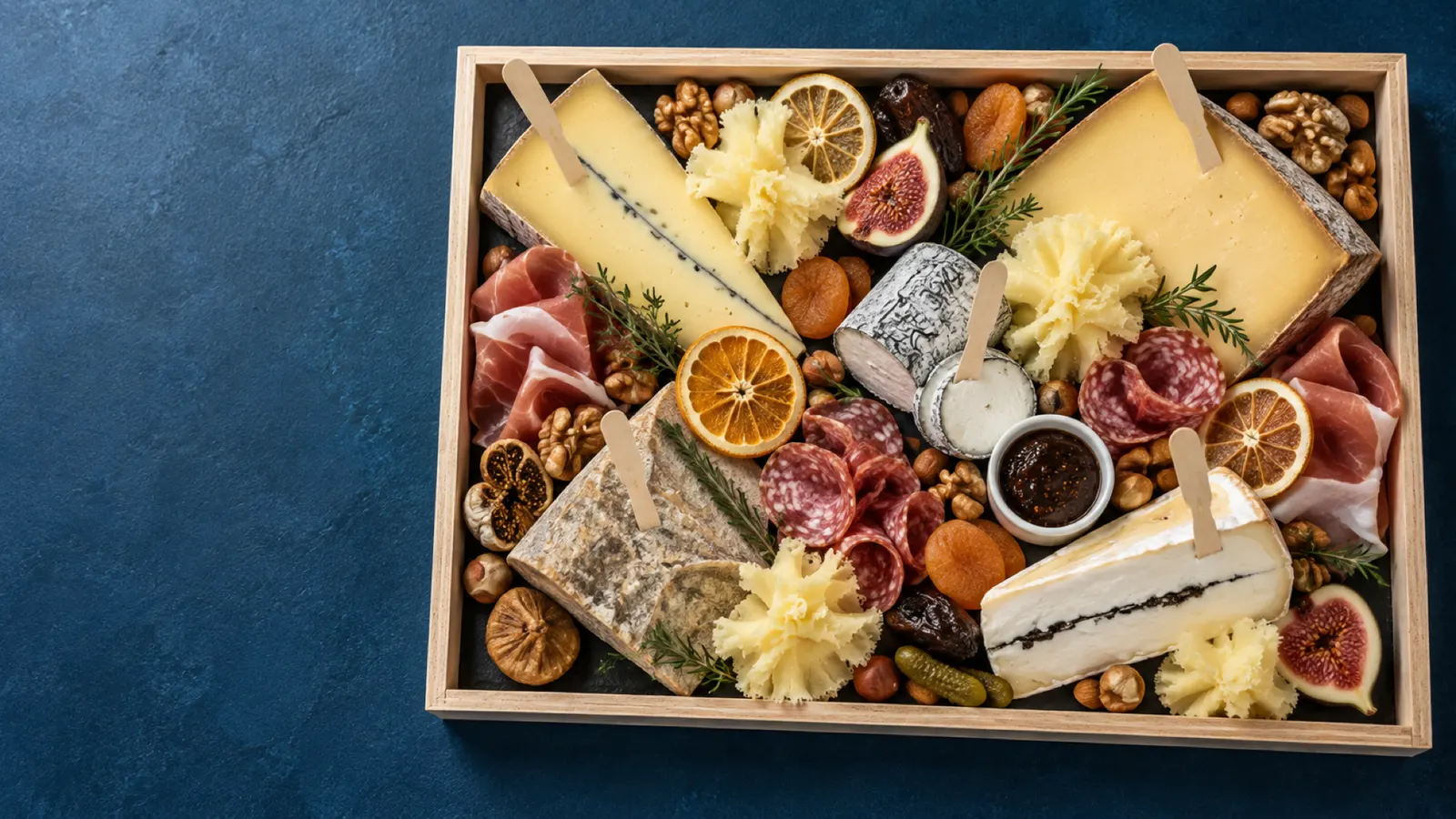 Plateau de fromages et charcuteries en caisse de bois, avec rosettes de Tête de Moine et agrumes séchés